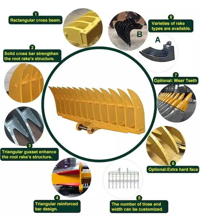 10-20T Root Rake For Excavator sweeping long bulky debris left on the ground. ভূমিতে দীর্ঘ ভারী ধ্বংসাবশেষ পরিমাপ করার জন্য এক্সক্যাভেটরের জন্য রুট র্যাক